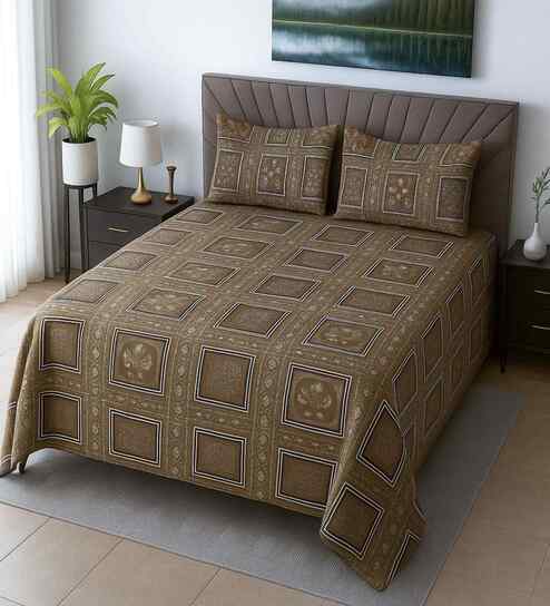 Mud Brown Floral 400 TC Cotton Queen Size Bedsheet with 2 Pillow covers Essential Series Collection