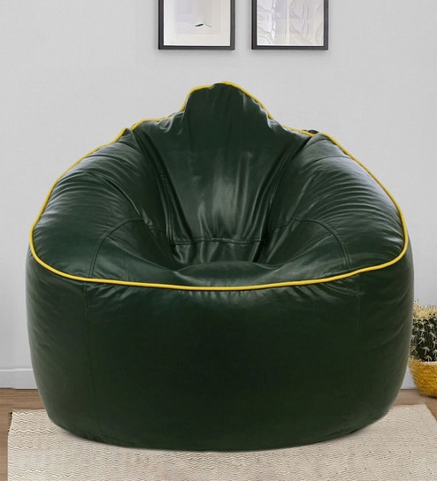 Muddha  Leatherette Bean Bag with Beans in Yellow Piping & Dark Green Colour