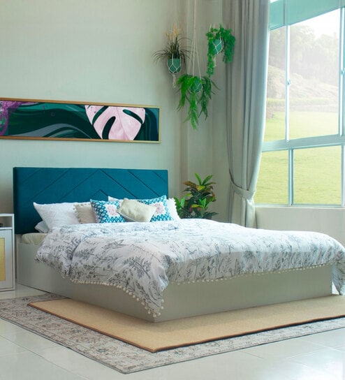 Mudra  Queen Size Upholstered Bed In Blue Colour & White Colour With Box Storage
