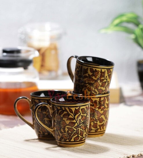 Mughal HandPainted 150ml Brown Ceramic (Set of 4) Tea Cup