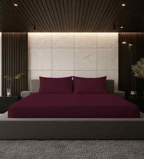 Mulberry Red Solid 500 TC Pure Cotton King Fitted Bedsheet with 2 Pillow Covers