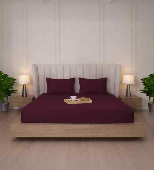 Mulberry Red Stripe 300 TC Pure Cotton King Fitted Bedsheet with 2 Pillow Covers
