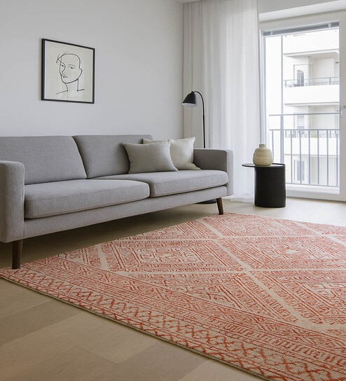 Red Geometrical Wool 8X5 Feet Hand Woven Carpet