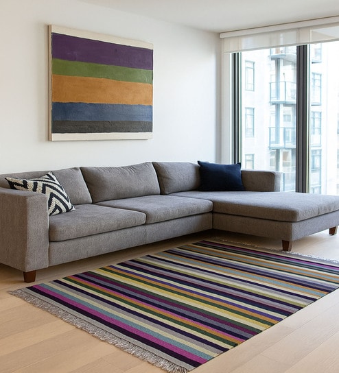 Mutlicolor Stripes Wool Hand Woven Carpet