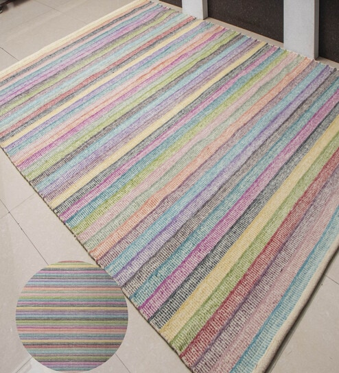 Mutlicolor Stripes Wool 8X5 Feet Hand Woven Carpet