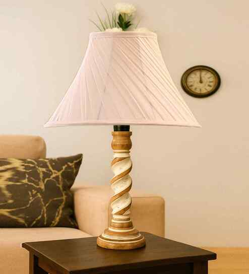 Multi-Color Cotton Vintage  Lamp With Wood Base 12X19.75