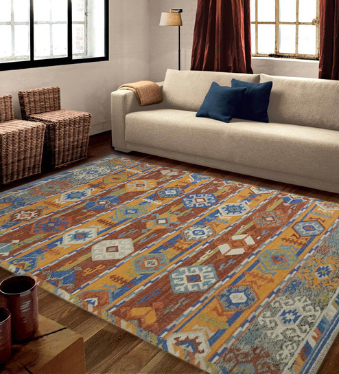 Buy Yellow Kilim Pattern Flat Weave Wool 8 Ft X 5 Ft Dhurrie By