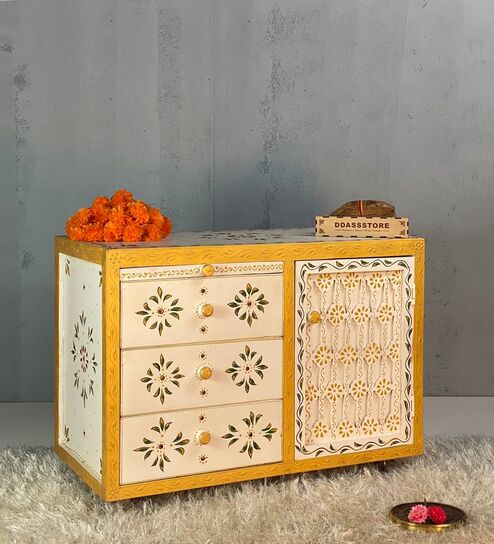 White MDF & Sheesham Wooden Cabinet