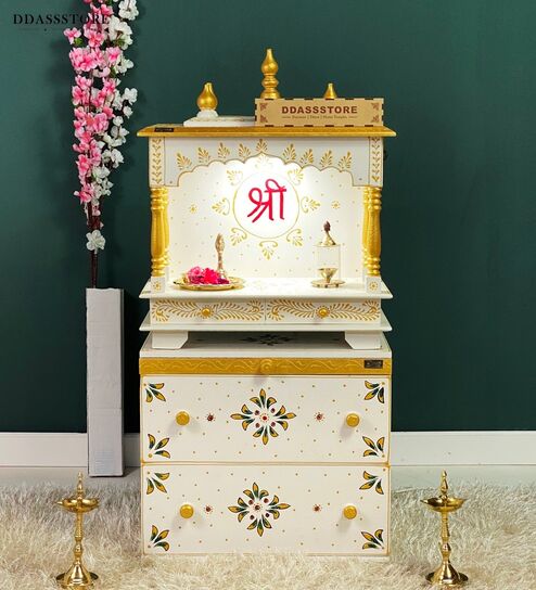 White MDF & Sheesham Wooden Temple with Cabinet