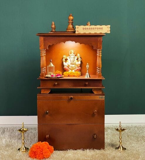 Brown MDF & Sheesham Wooden Temple with Cabinet