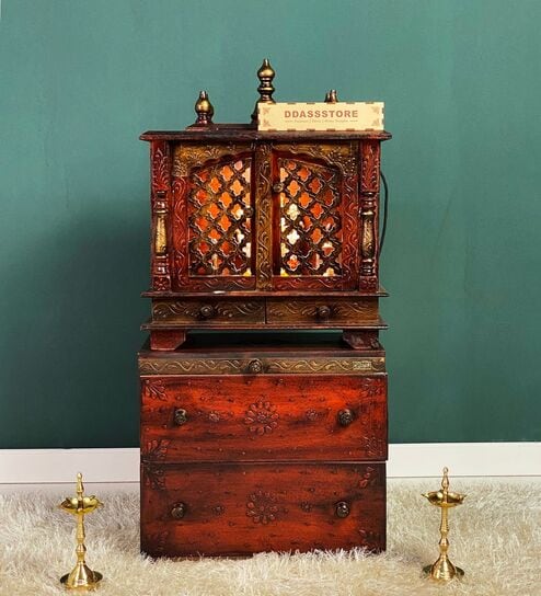 Brwon MDF & Sheesham Wooden Temple with Cabinet