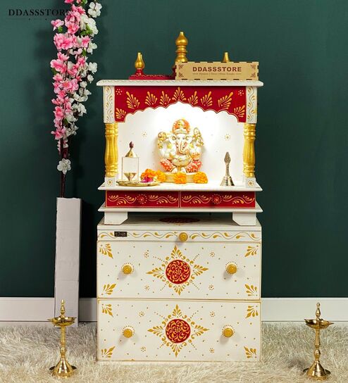 White MDF & Sheesham Wooden Temple with Cabinet