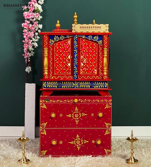 Maroon MDF & Sheesham Wooden Temple with Cabinet