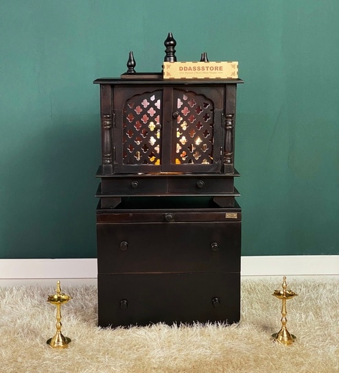 Black MDF & Sheesham Wooden Temple with Cabinet