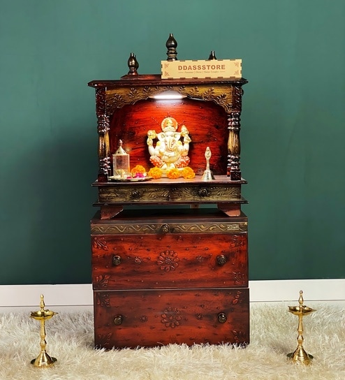 Brown MDF & Sheesham Wooden Temple with Cabinet