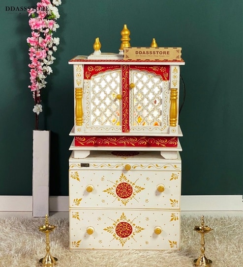 White MDF & Sheesham Wooden Temple with Cabinet