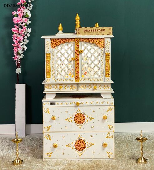 White MDF & Sheesham Wooden Temple with Cabinet