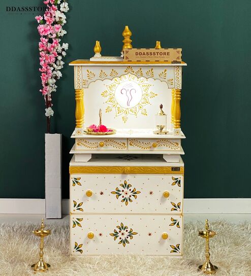 White MDF & Sheesham Wooden Temple with Cabinet