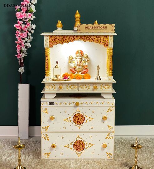 White MDF & Sheesham Wooden Temple with Cabinet