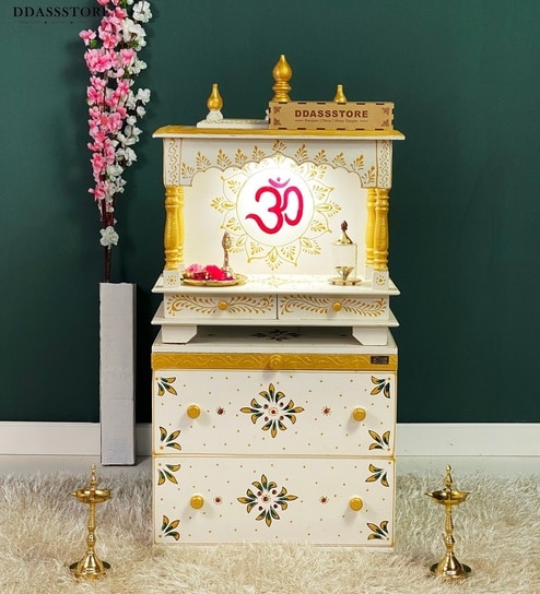 White MDF & Sheesham Wooden Temple with Cabinet