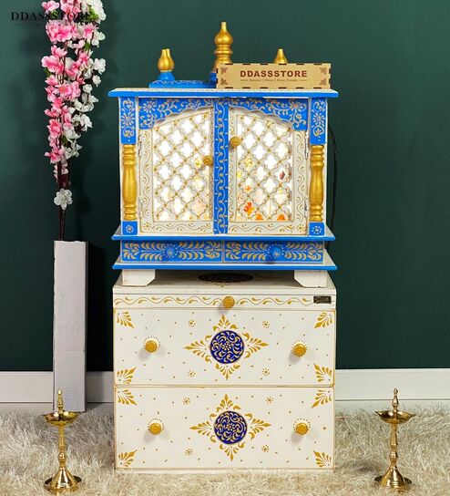 White MDF & Sheesham Wooden Temple with Cabinet