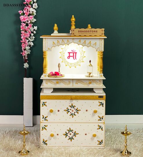 White Sheesham Wooden Temple with Cabinet