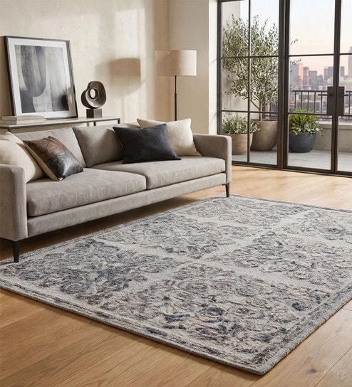 Grey Wool And Cotton 5 X 8 Ft Hand Tufted Carpet
