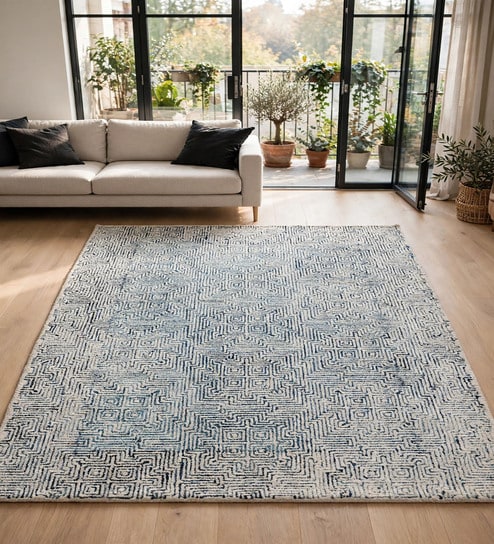 Blue Wool And Cotton 5 X 8 Ft Hand Tufted Carpet