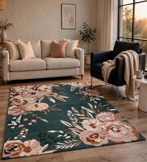 Green Floral Wool And Cotton 5 X 7 ft Hand Tufted Carpet
