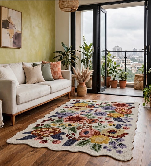 Beige Geometric Wool And Cotton 5 X 7 ft Hand Tufted Carpet