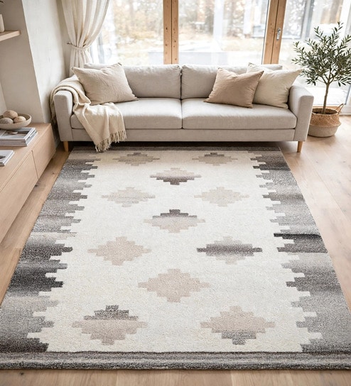 Multi Colour Geometric Wool And Cotton 8 X 5 Feet Hand Tufted Carpet