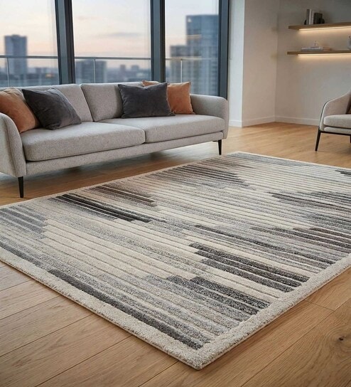 Grey Geometric Wool And Cotton 5 X 8 Ft Hand Tufted Carpet
