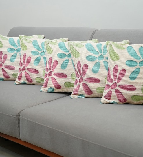 Beige Polyester Floral 16x16 inches Cushion Covers Set of 5