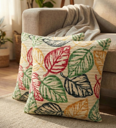 Cream Polyester Floral 20x20 inches Cushion Covers Set of 2