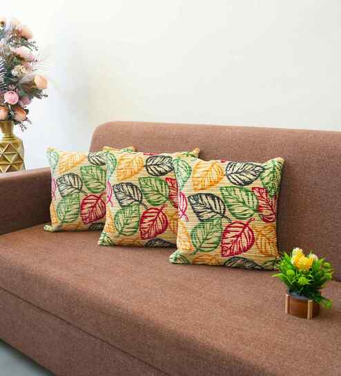 Cream Polyester Floral 20x20 inches Cushion Covers Set of 3