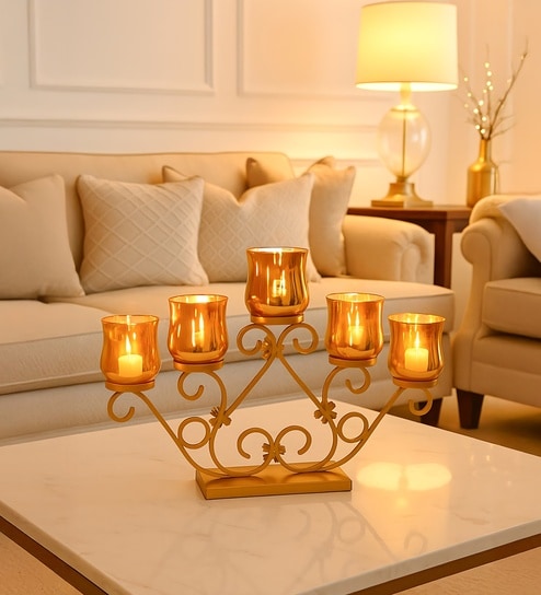 Golden Metal 5 Votive Tea Light Holder With Vintage Glass-image-36