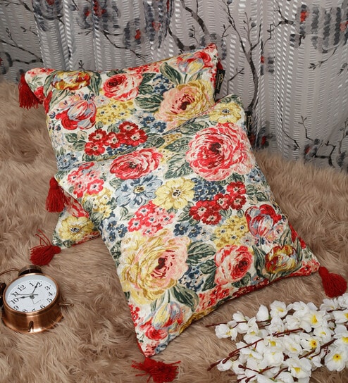 Multicolor Floral Velvet 16 x 16 Inches Cushion Covers with Tassels (Set of 2) by Hosta Homes