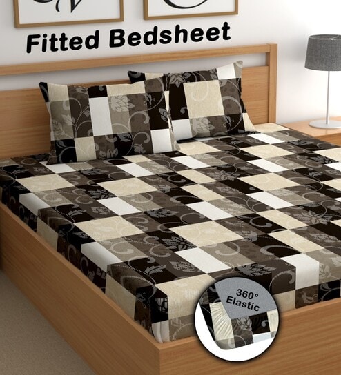 Multicolor 180 TC Geometric Cotton Fitted Double Bedsheet 2 Pillow covers