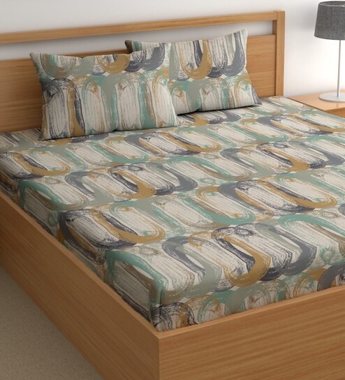 Multicolor 200 TC Abstract Cotton Queen Double Bedsheet 2 Pillow covers