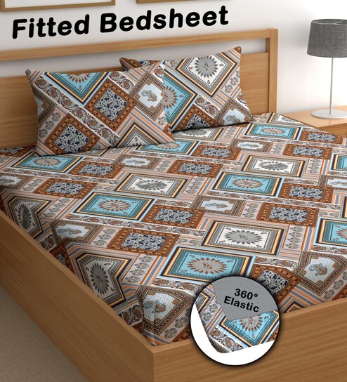 Multicolor 200 TC Floral Cotton Fitted Double Bedsheet 2 Pillow covers