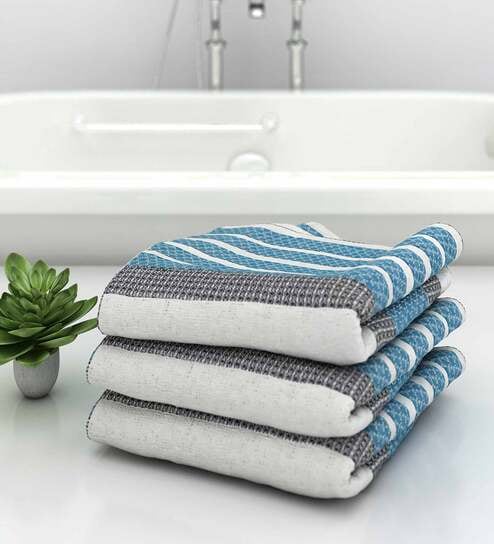 Blue Diamond Flower  210 GSM 100% Cotton Bath Towel (Set of 3) by Athom Living