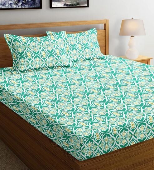 Blue Abstract 144 TC Cotton King Fitted Bedsheet with 2 Pillow Covers