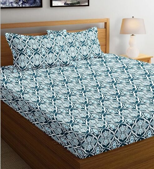 Blue Abstract 144 TC Cotton King Fitted Bedsheet with 2 Pillow Covers