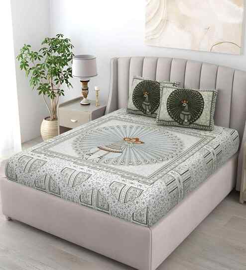 Green Abstract 180 TC Cotton King Sized Bedsheet with 2 Pillow Covers