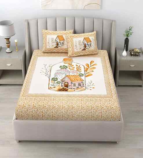 Yellow Abstract 180 TC Cotton King Sized Bedsheet with 2 Pillow Covers
