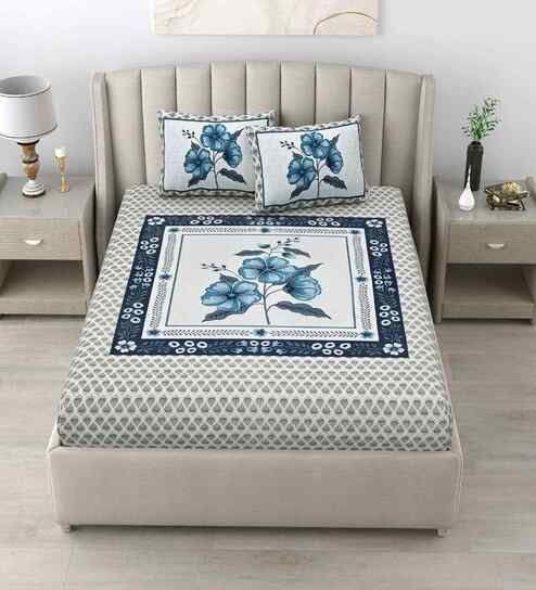 Blue Flower 180 TC Cotton King Sized Bedsheet with 2 Pillow Covers
