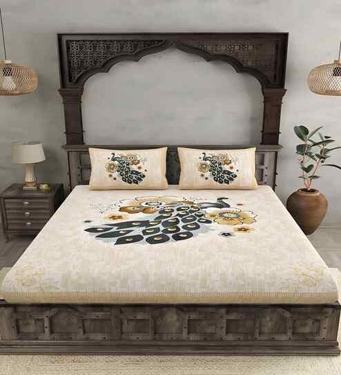 Multicolor Pecock 180 TC Cotton King Sized Bedsheet with 2 Pillow Covers