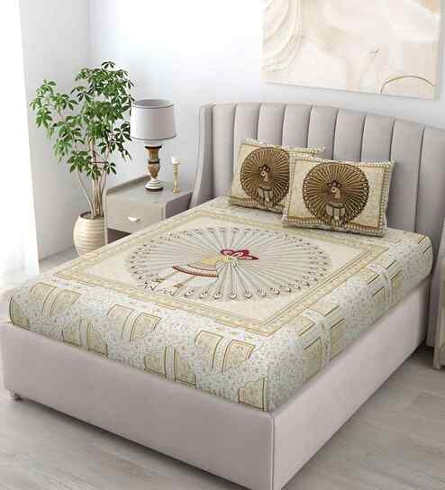 Beige Abstract 180 TC Cotton King Sized Bedsheet with 2 Pillow Covers