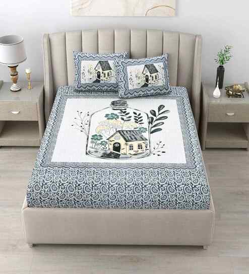 Blue Abstract 180 TC Cotton King Sized Bedsheet with 2 Pillow Covers