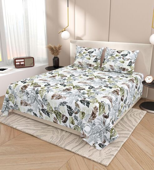 White Abstract 220 Tc Cotton Super King Bedsheet With 2 Pillow Covers